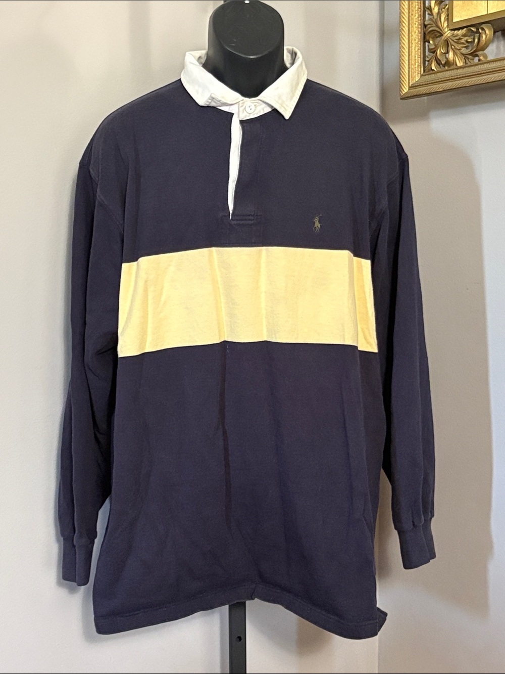Polo by Ralph Lauren VINTAGE XL Navy and Yellow Rugby Long Sleeve Shirt